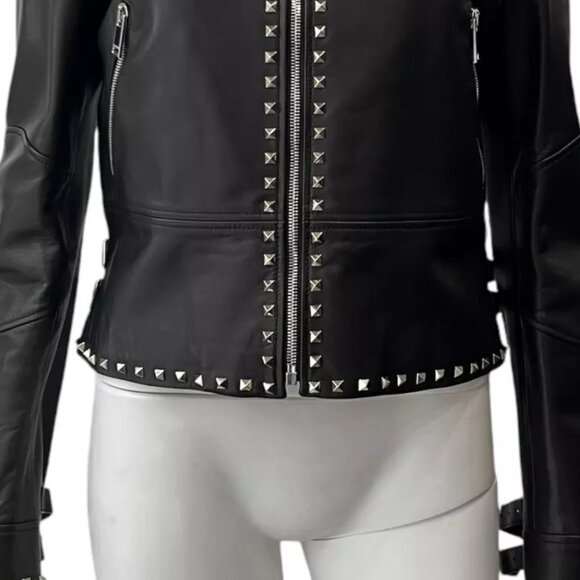 $6490 04. Valentino Black Leather Rockstud Embellished Short Jacket size 6 Moto - Picture 4 of 16